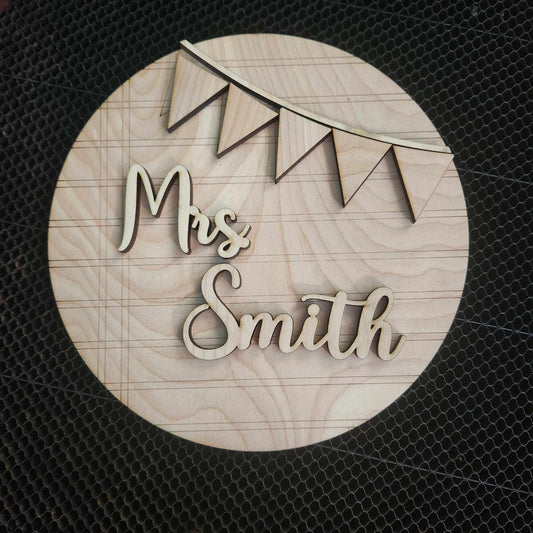 Notebook paper teacher sign A5797: 3D round door hanger