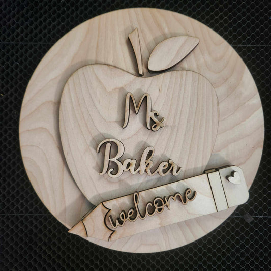 Apple teacher sign A5796: 3D round door hanger