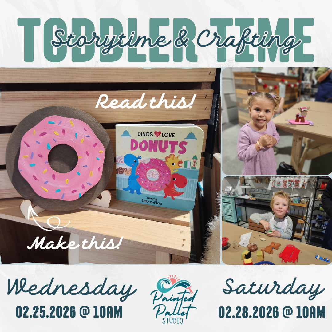Promotional flyer for toddler storytime and crafting event with children's book and donut-themed props.