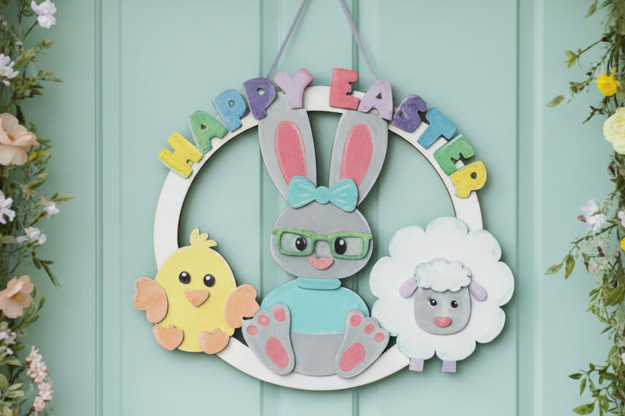 Decorative Easter wreath with bunny, chick, and lamb on a wooden background