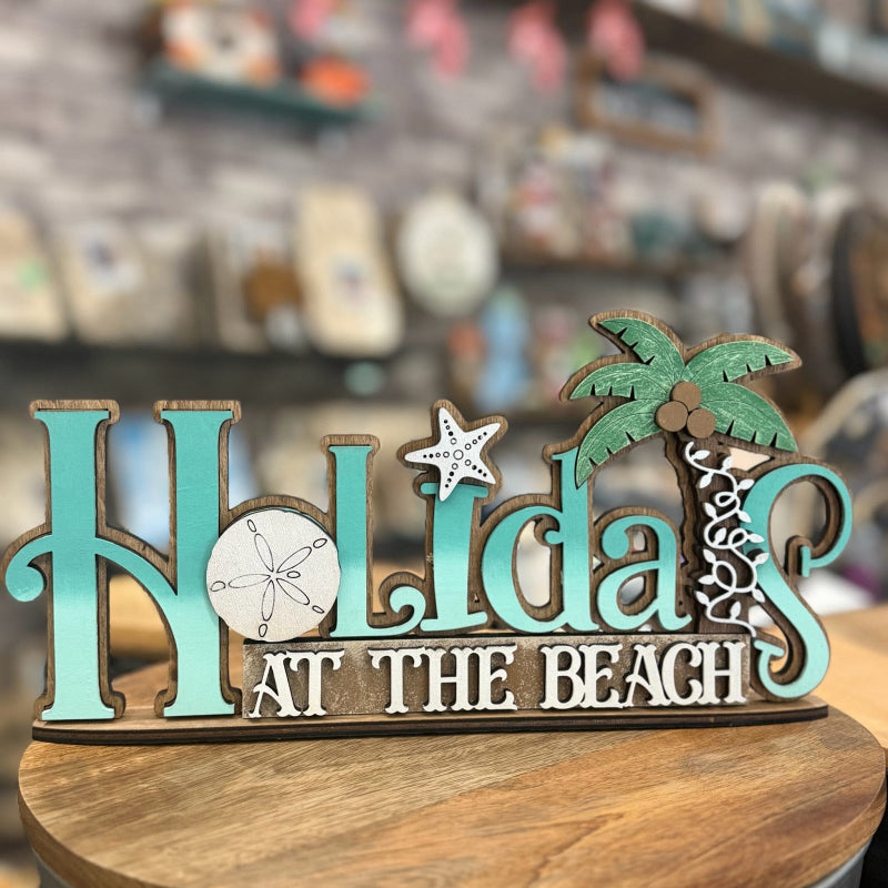 Holidays at the Beach chunky 3D wood shelf sitter with palm tree, sand dollar and starfish - handmade in St. Augustine, FL