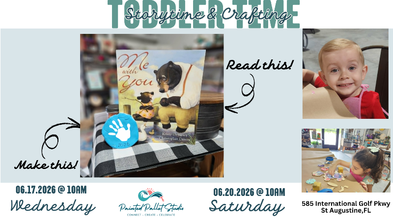 Promotional flyer for toddler time event with book and child images.