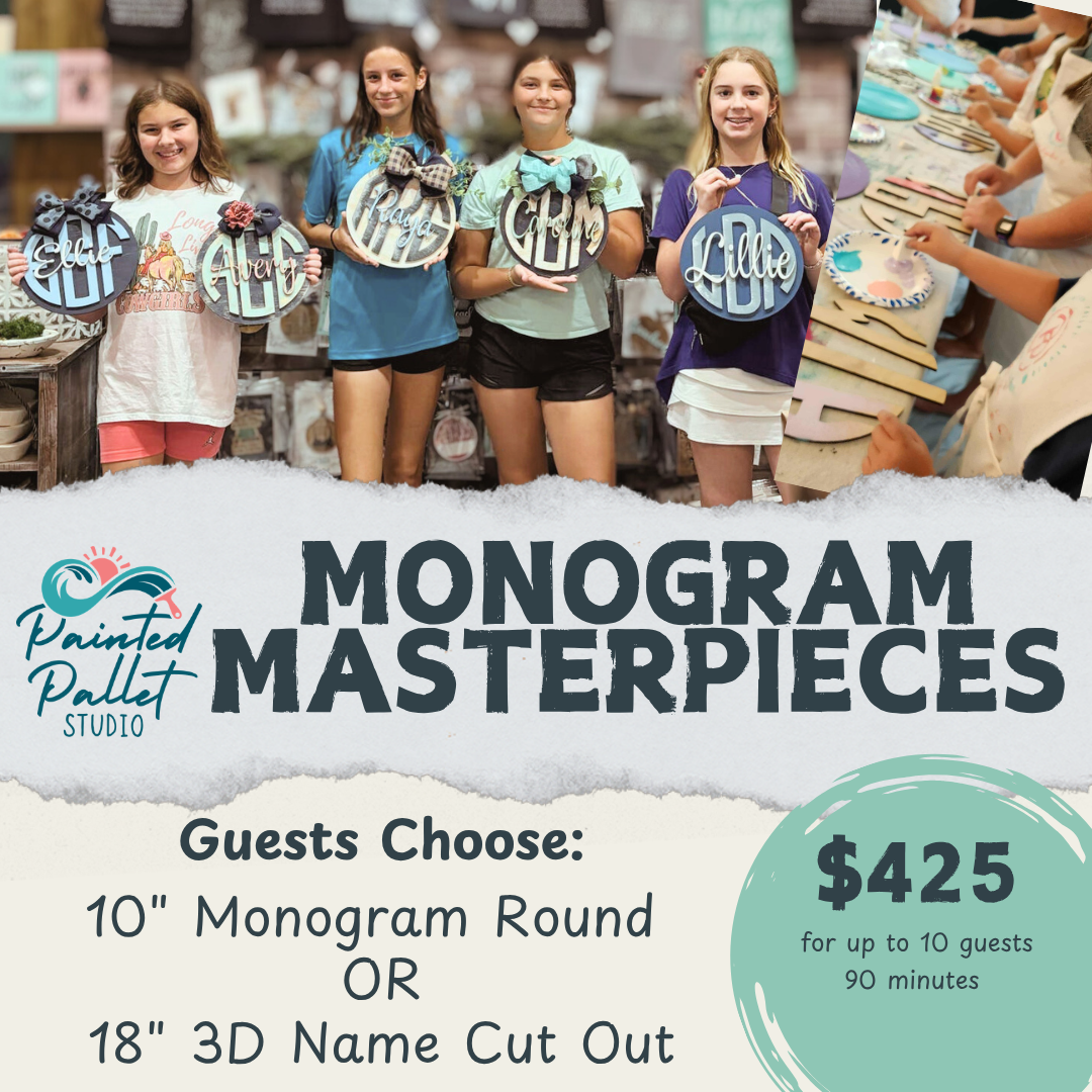 Promotional image for 'Monogram Masterpieces' with four girls holding monogrammed items and text about a service offer.