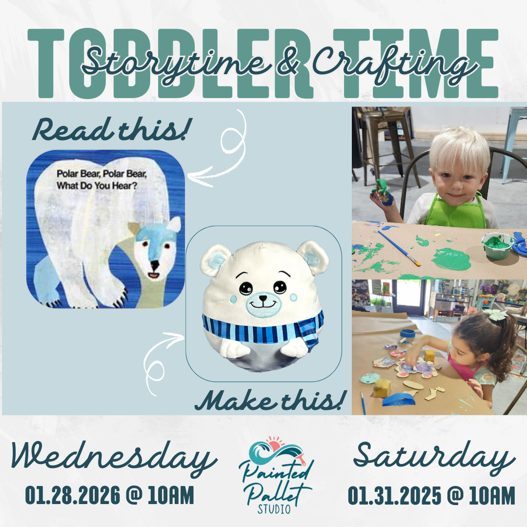 Promotional flyer for Toddler Time Storytime & Crafting event with children at a table.