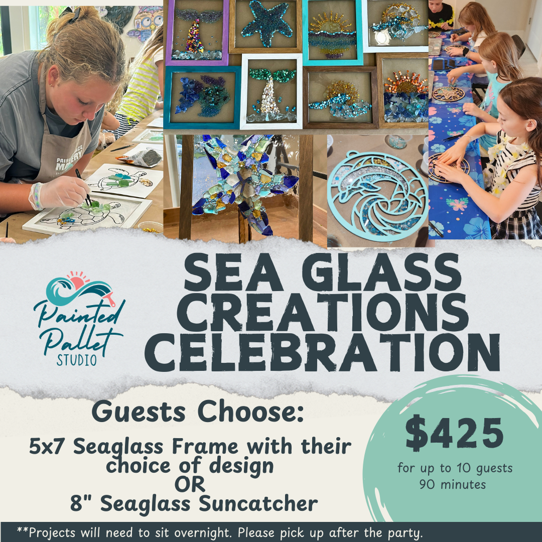 Promotional flyer for a sea glass creations celebration event at Painted Pallet Studio.