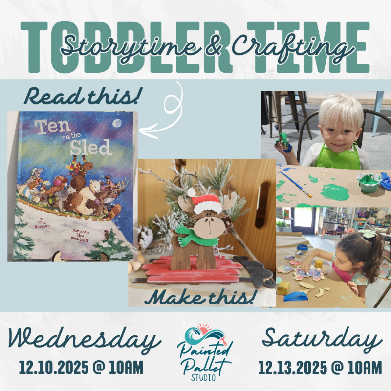 Wooden reindeer on a sled with book Ten on the Sled for a toddler craft time