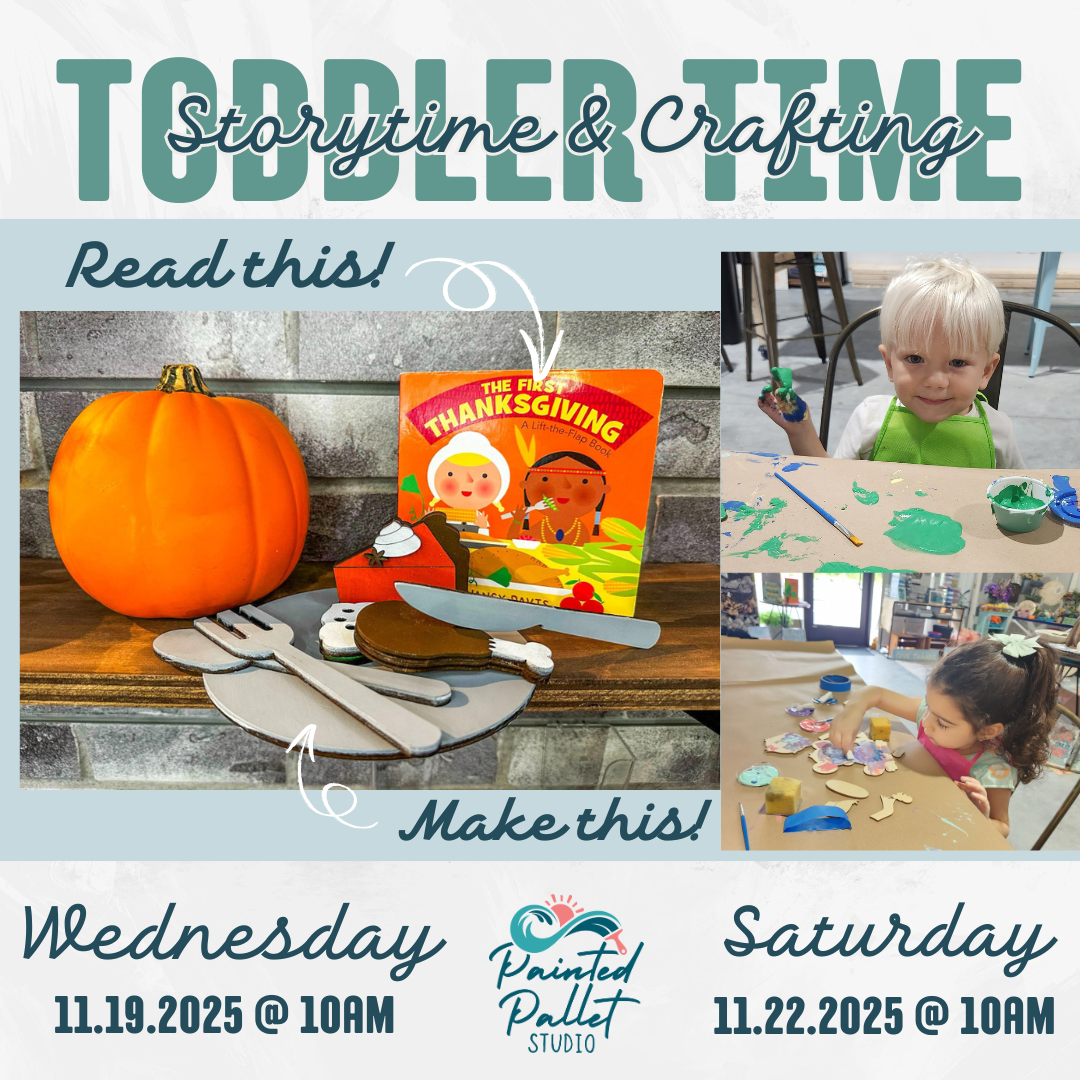 Promotional flyer for toddler storytime and crafting event with pumpkin, book, and children at tables.