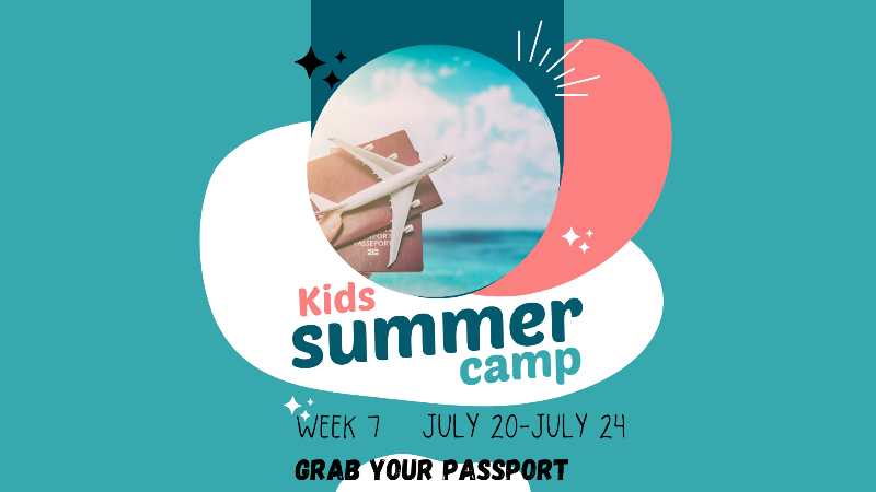 Promotional graphic for Kids Summer Camp with a beach scene and text on a teal background