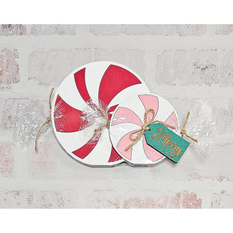 Cellophane wrapped peppermint duo Christmas shelf sitter - Painted Pallet Studio