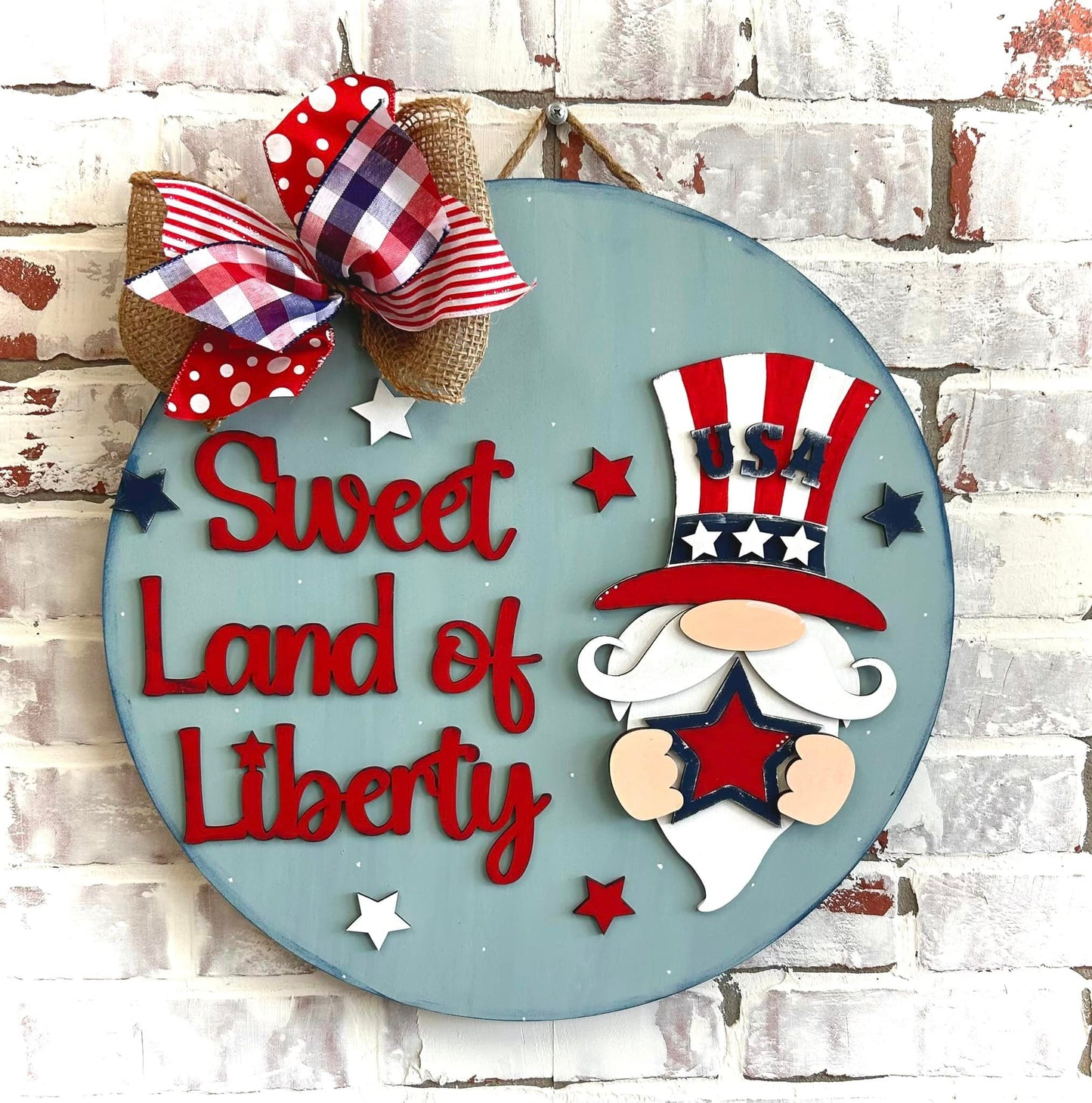 Sweet Land of Libertry with Uncle Sam gnome A5702: 3D round door hanger