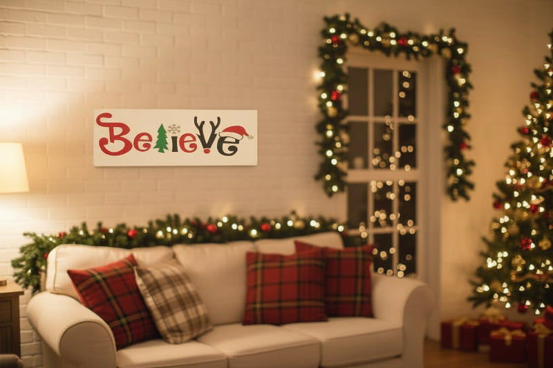 The word believe written in Christmas font on a white board.