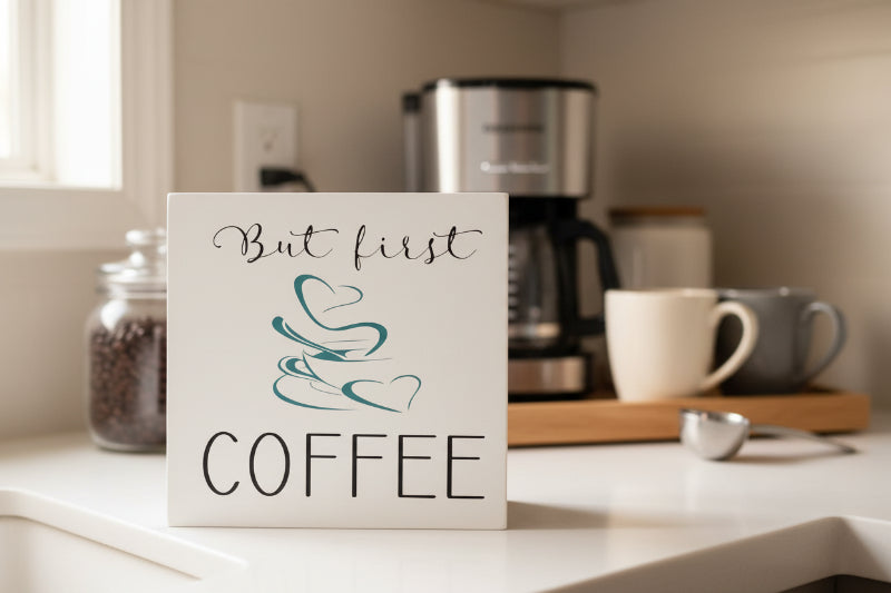 white square sign with coffee cup in center of image and the words but first Coffee