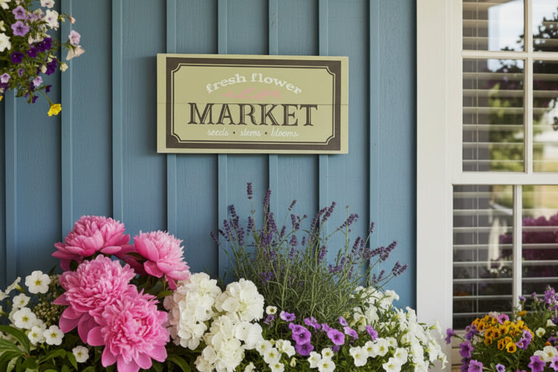 A decorative plank design sign with the text 'Fresh Flower Market' printed on it, mounted on a wall.