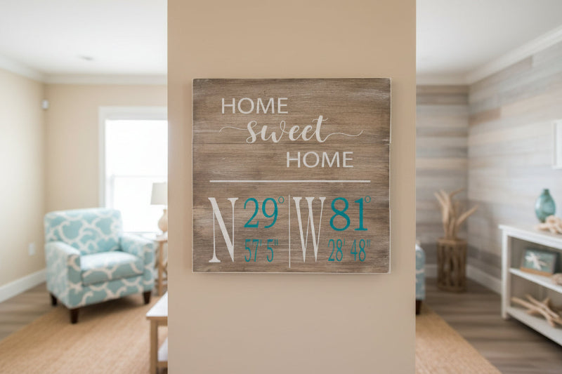 A personalized square wooden plaque with 'Home Sweet Home' text and custom coordinates displayed on a grassy surface.