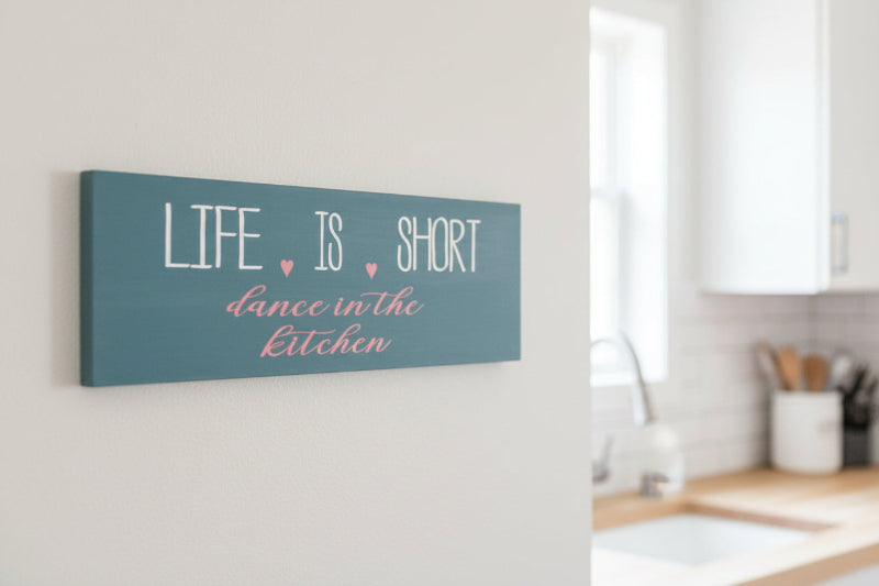 A decorative plank design sign with the phrase 'Life is short DANCE IN THE KITCHEN' in white and pink letters on a green background, placed on a wooden floor.
