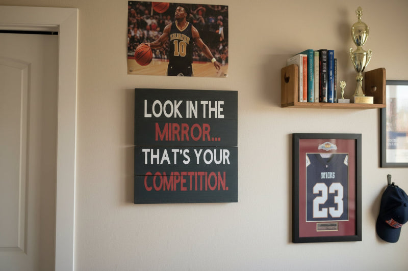 A square-shaped motivational artwork with a black background and white text that reads 'LOOK IN THE MIRROR.