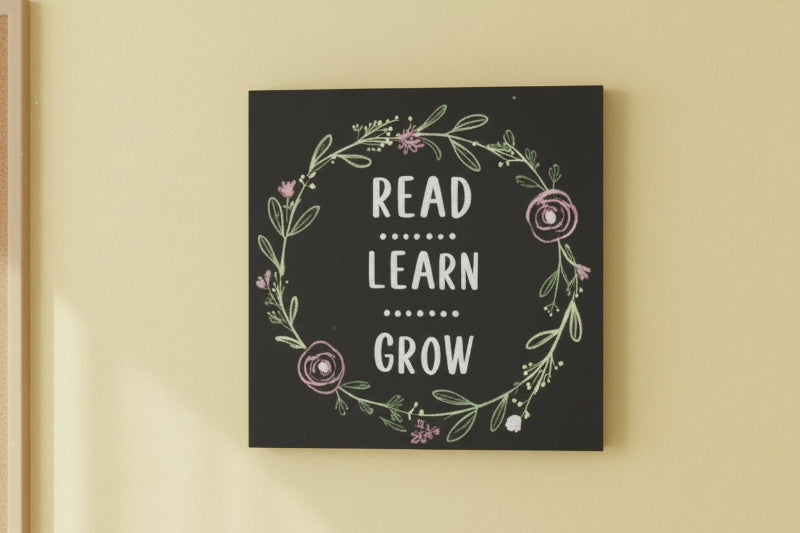 the words read learn grow with a laurel wreath surrounding the text set on a black background