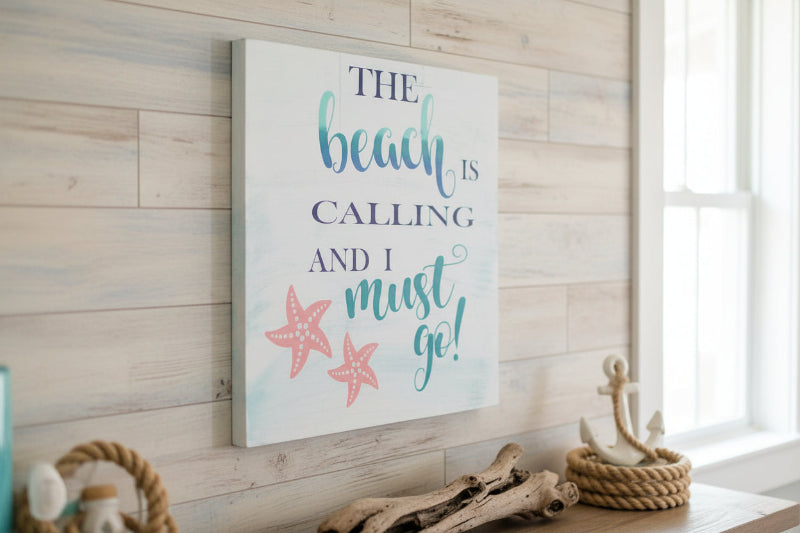 A square-shaped decorative wall piece with a beach theme, featuring text and star graphics.