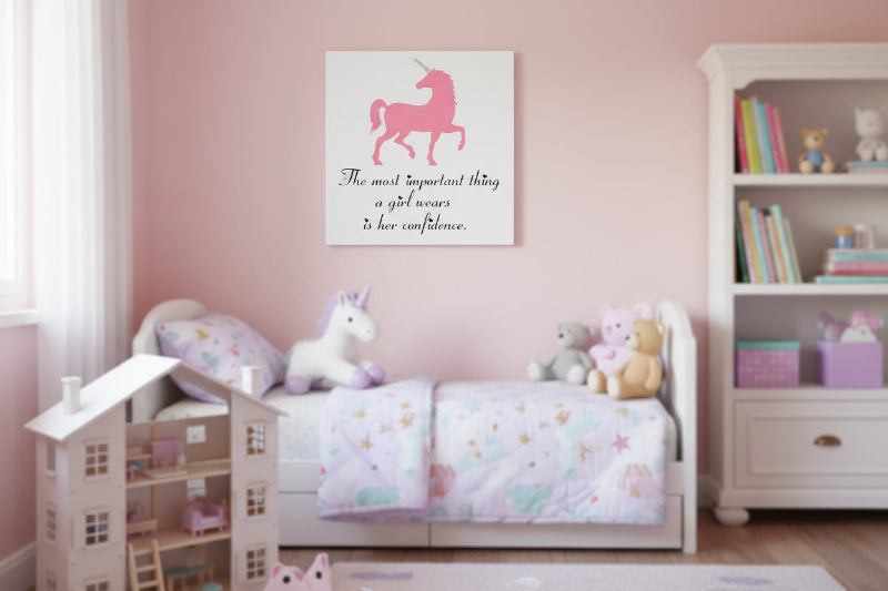 A square-shaped artwork featuring a pink silhouette of a unicorn and the text 'The most important thing a girl wears is her confidence.' on a wooden floor.