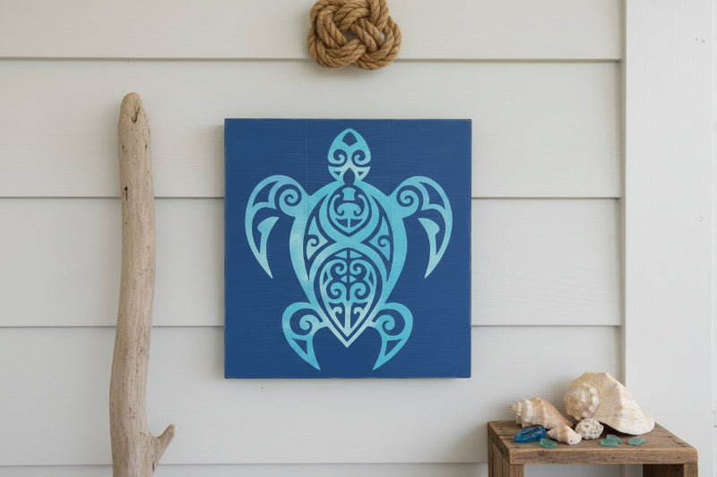 A blue square-shaped turtle design on a wooden surface.