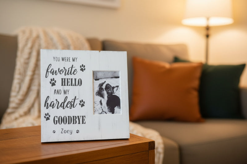 A square photo frame with a wooden texture and the words 'You were my favorite hello and my hardest goodbye' printed on it, alongside a small photo of a pet.