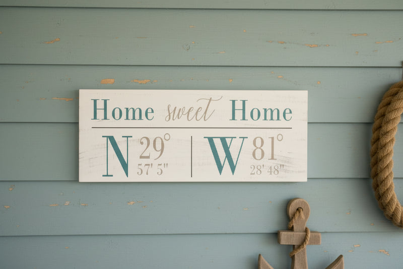 white plank with Home Sweet Home and coordinates