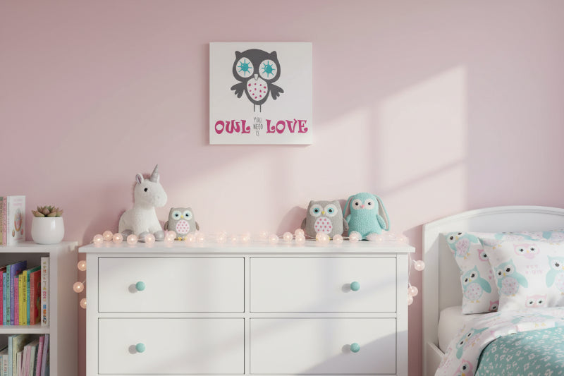 A square-shaped decorative artwork featuring a stylized owl with the text 'Owl you need is love' below it.