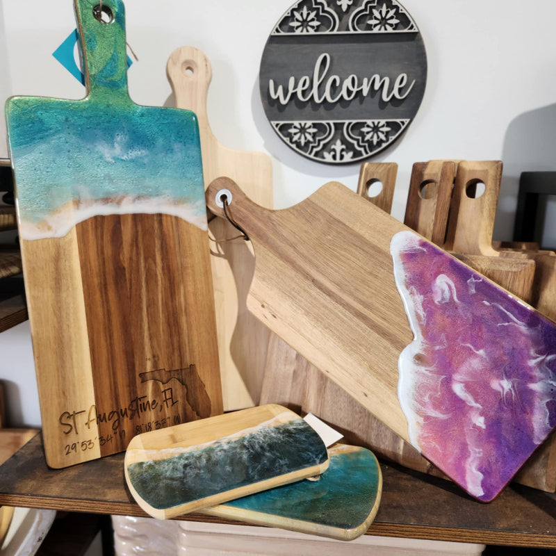 variety of charcuterie boads with epoxy resin