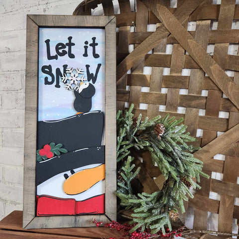 Let it Snow Snowman with Penguin: 3D Plank_Framed A9277N