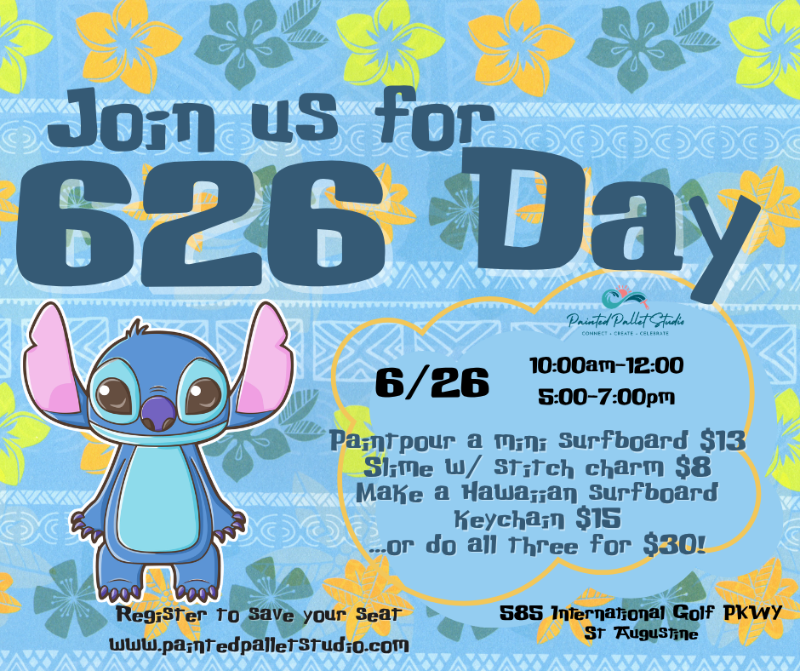 Invitation for 626 Day event featuring Stitch on a blue background with floral patterns.