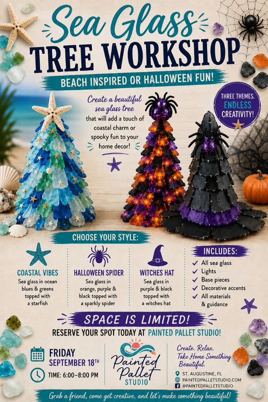 Promotional flyer for a 'Sea Glass Tree Workshop' by Painted Pallet Studio, featuring three decorated sea glass trees in blue, orange, and black, surrounded by Halloween-themed props like a spider, pumpkins, and shells on a sandy beach background.