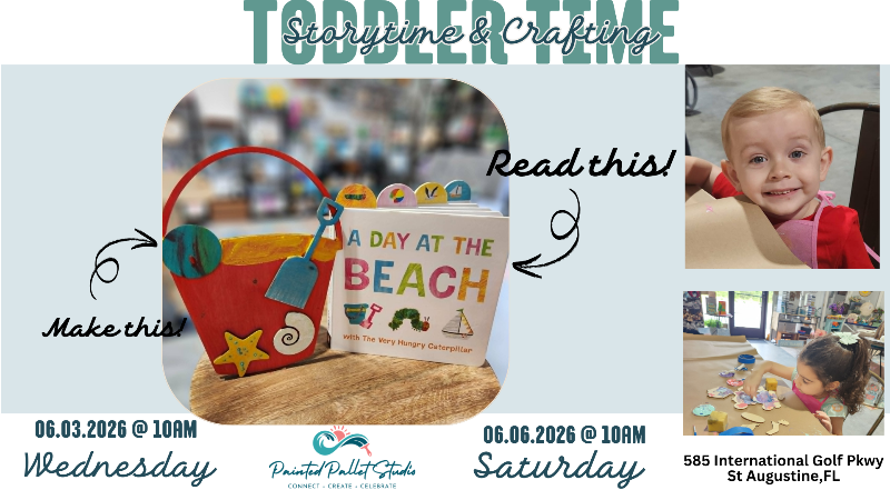 Promotional flyer for toddler storytime and crafting event with a beach-themed book and bucket.