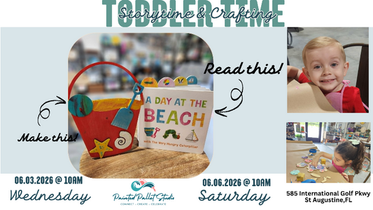 Promotional flyer for toddler storytime and crafting event with a beach-themed book and bucket.
