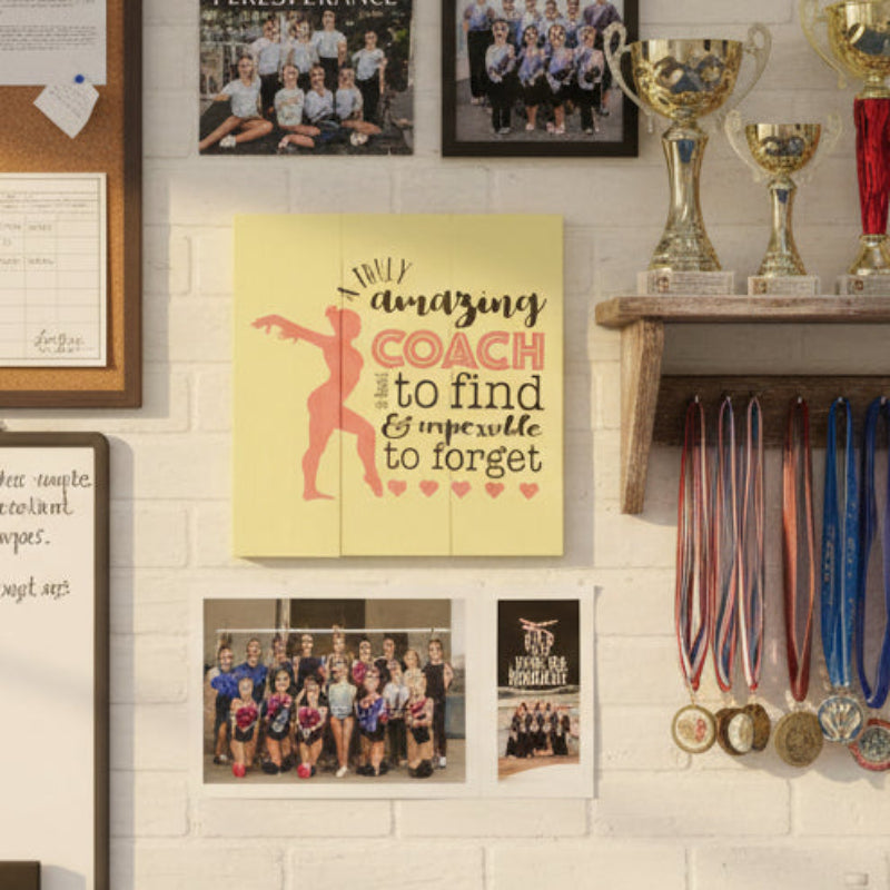 Female gymnast on a yellow background with the words A truly amazing COACH is hard to find and impossible to forget