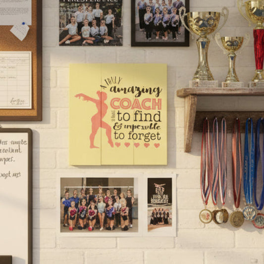 Female gymnast on a yellow background with the words A truly amazing COACH is hard to find and impossible to forget