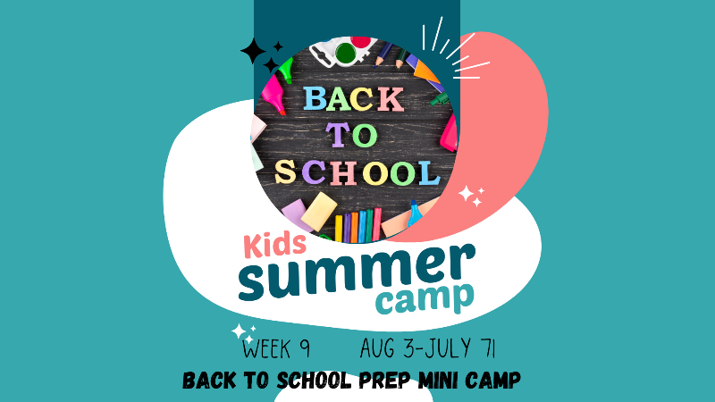 Promotional graphic for a kids summer camp with colorful text and shapes on a blue background.