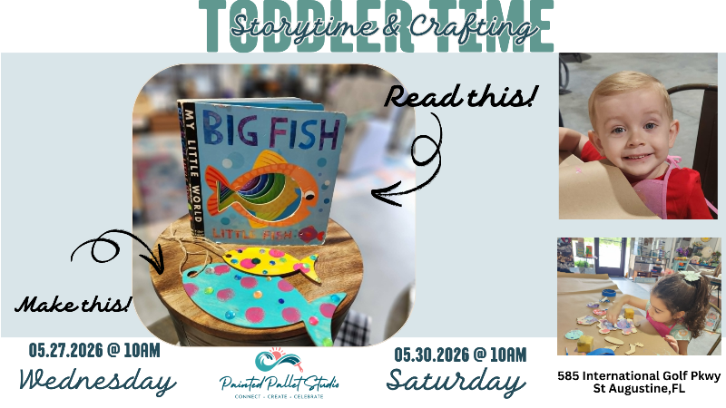 Promotional flyer for 'Toddler Time' with a book titled 'Big Fish' and child activities.