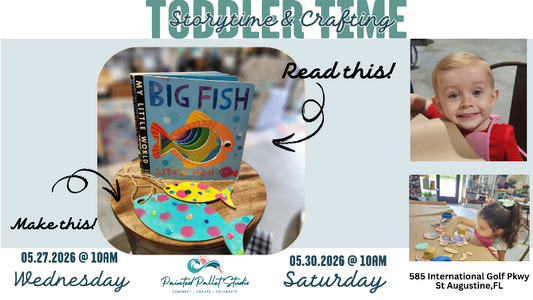 Promotional flyer for 'Toddler Time' with a book titled 'Big Fish' and child activities.