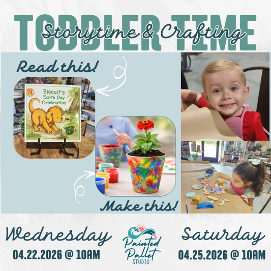 Promotional flyer for toddler storytime and crafting event with images of children reading and making crafts.