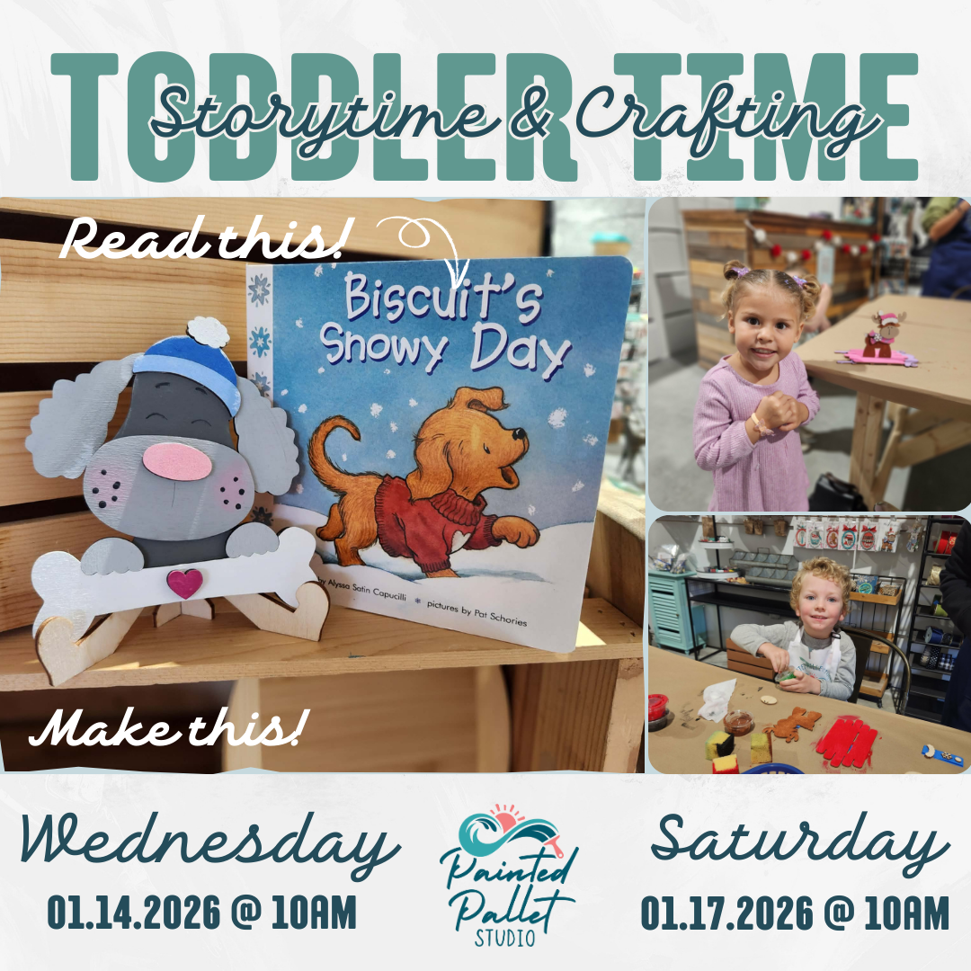 Promotional flyer for toddler storytime and crafting event with book and craft materials.