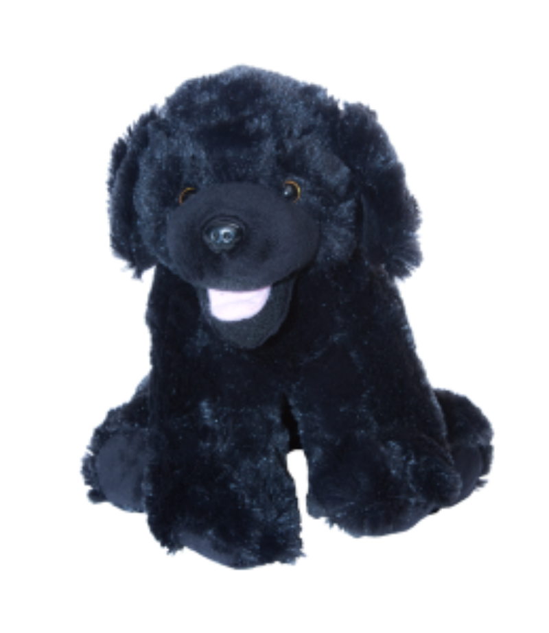 Black Lab plush dog toy on a white background
