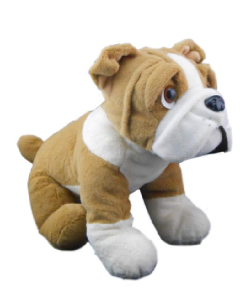 Plush bulldog toy on a white background