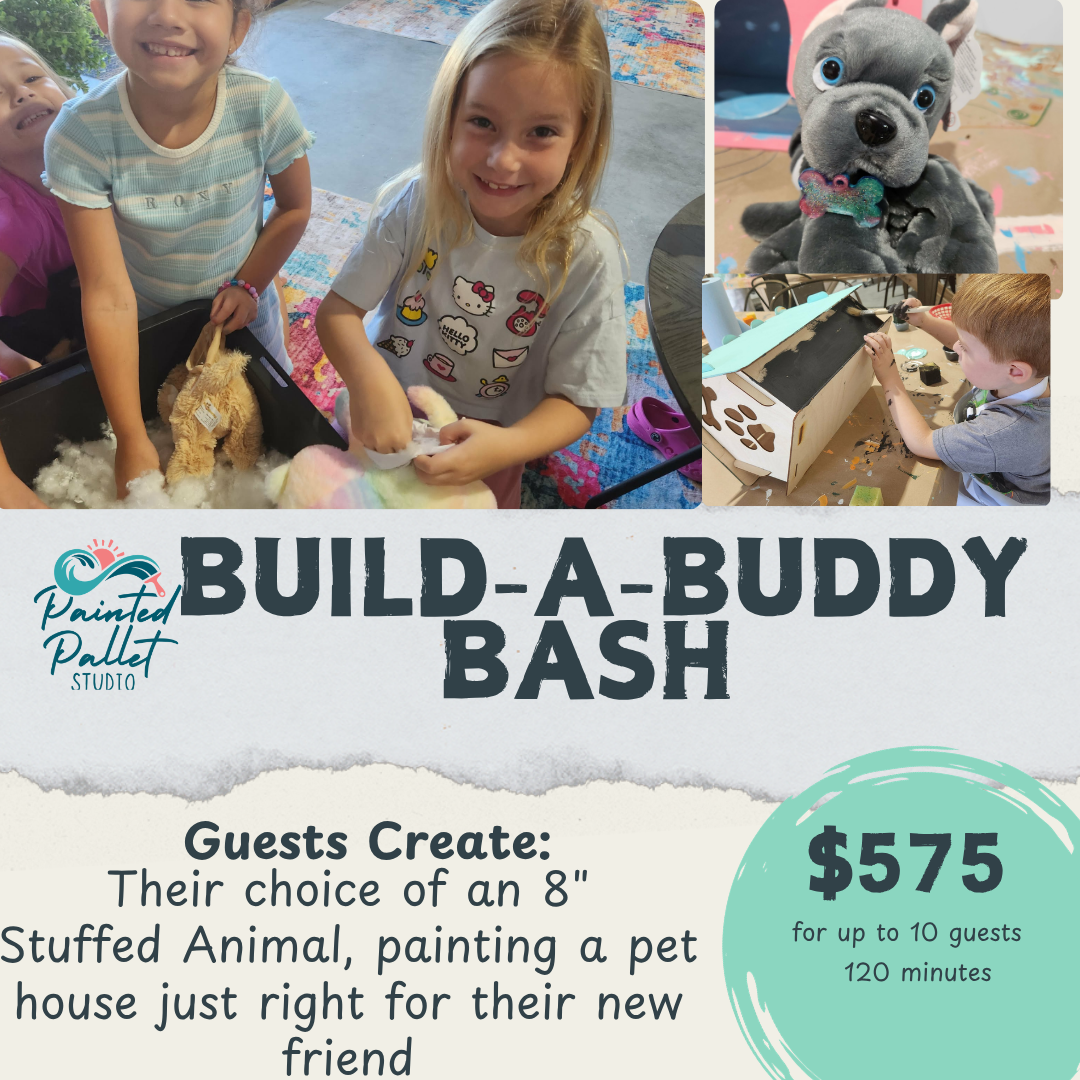 Advertisement for Build-A-Buddy Bash event with children playing and stuffed animal, featuring 'Painted Pallet Studio' branding.