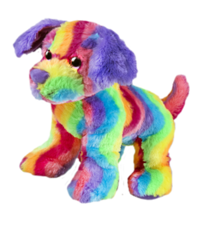 Colorful rainbow-patterned plush dog toy on a white background
