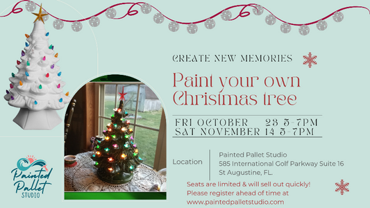 Promotional flyer for a holiday event at Painted Pallet Studio, featuring text that reads 'Paint your own Christmas tree' with dates, location details, and a photo of a decorated Christmas tree in an arched window frame.