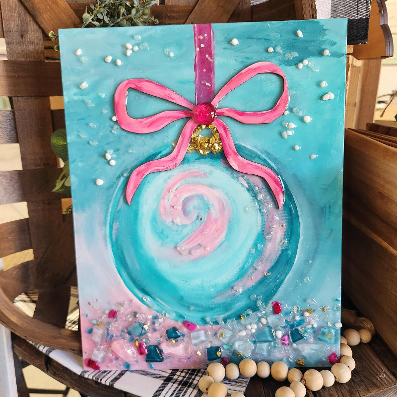 Decorative painting of a blue ornament  on canvas with crushed glass