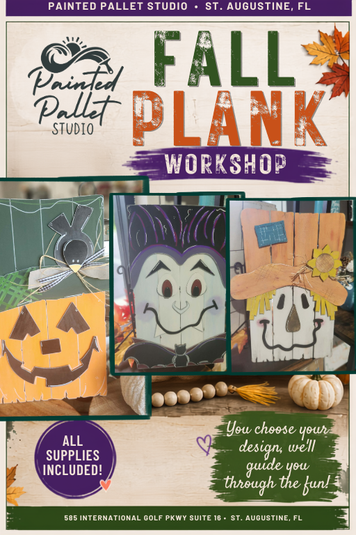 Promotional flyer for a fall plank workshop to create a pumpkin, dracula or a scarecrow made out of wood