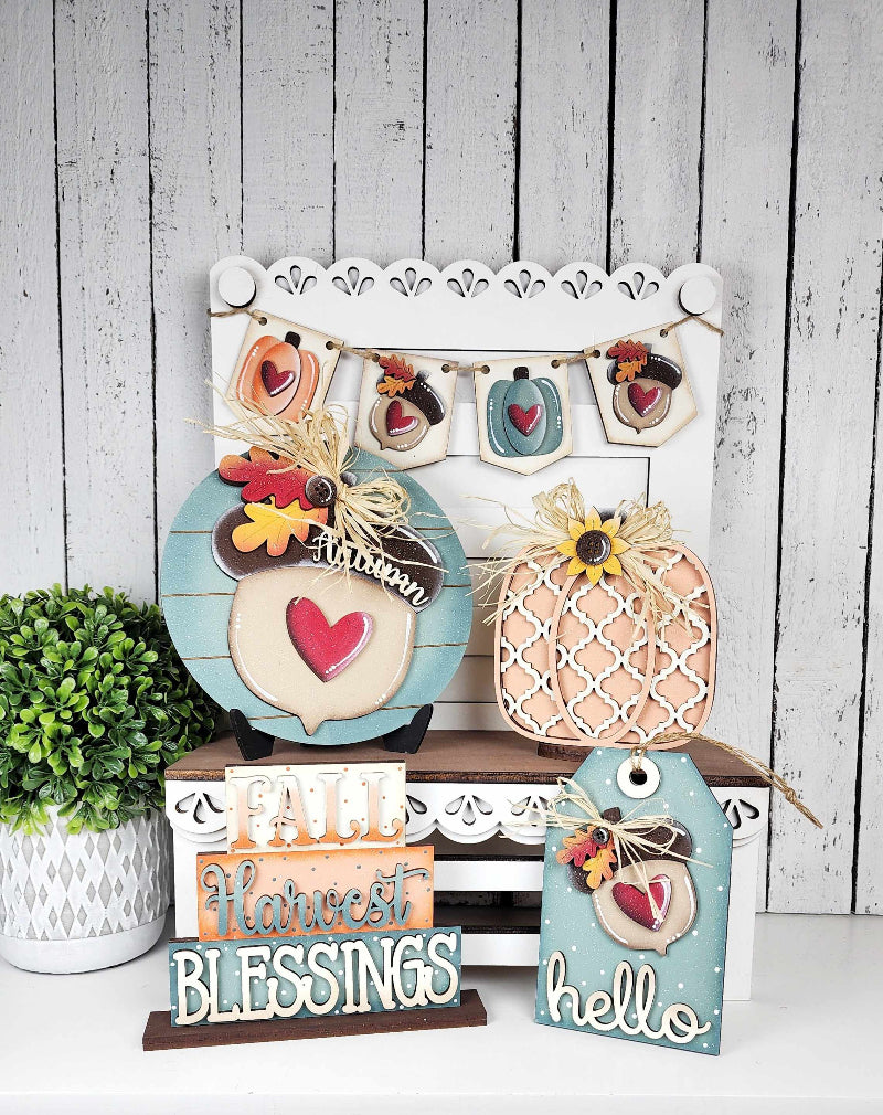 Fall harvest tier tray set in wood