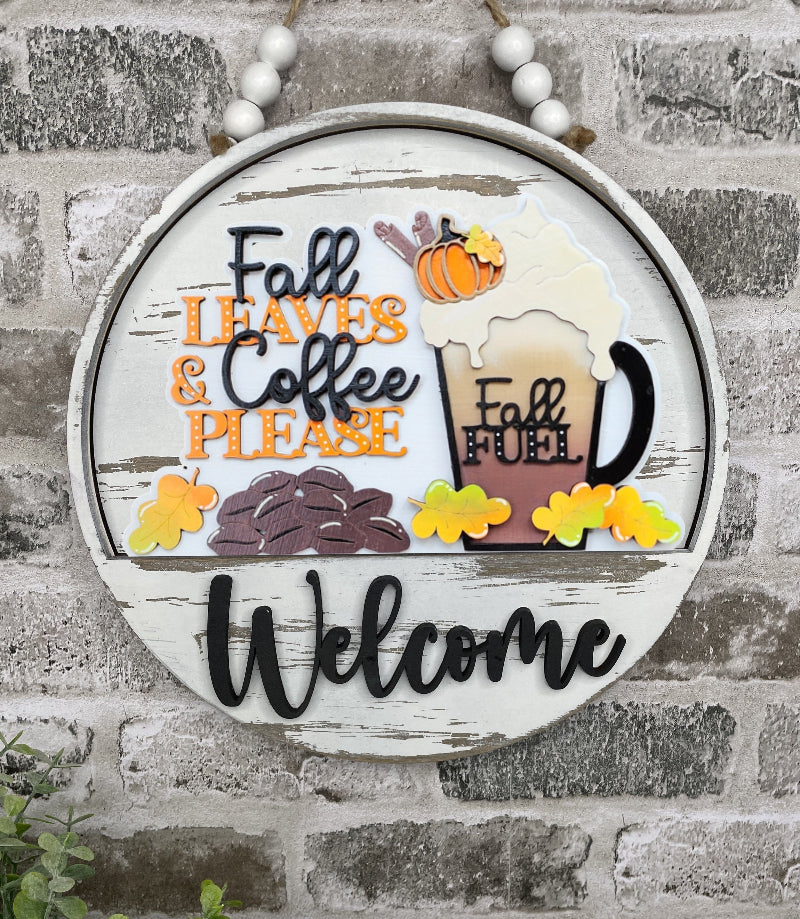 Fall Leaves & Coffee Please interchangeable wooden Welcome sign insert with a fall coffee mug, pumpkin, autumn leaves and coffee beans.
