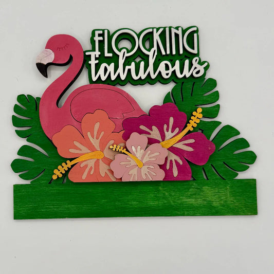 colorful flamingo with Flocking Fabulous wooden insert set on a white background